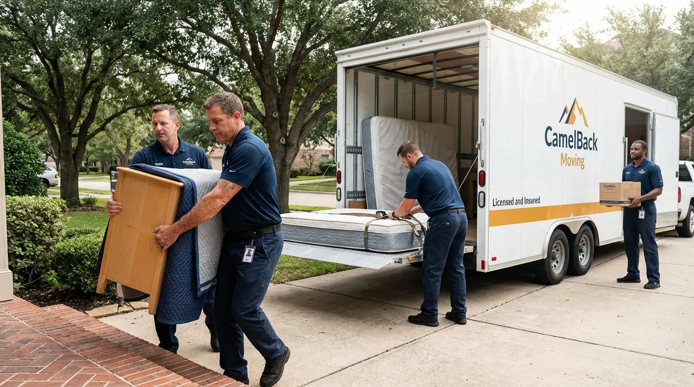 Crew loading residential truck for cross-state move from Horseshoe Bay, TX