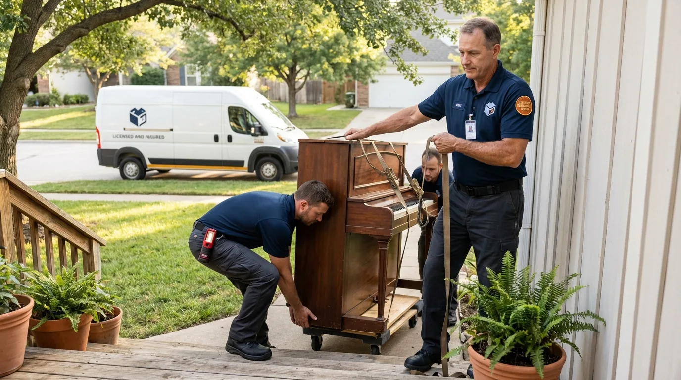 Licensed piano movers securing grand piano in Horseshoe Bay, TX