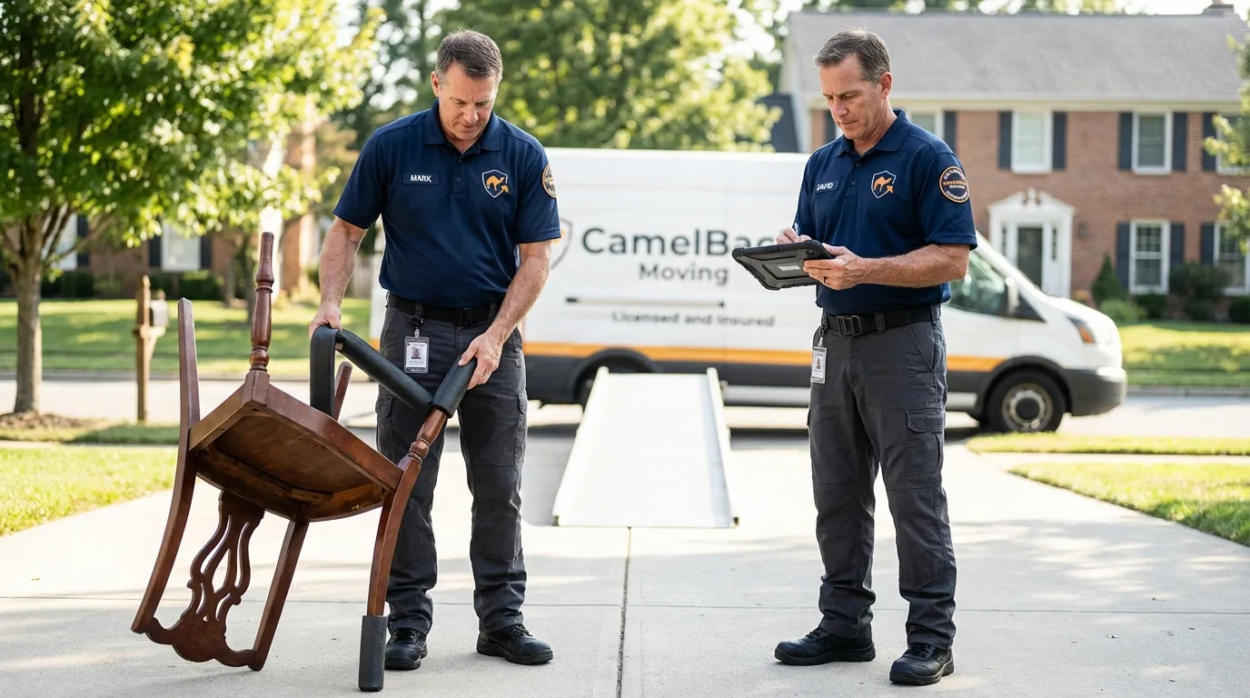 Movers inspecting furniture for damage prevention before loading in Horseshoe Bay, TX
