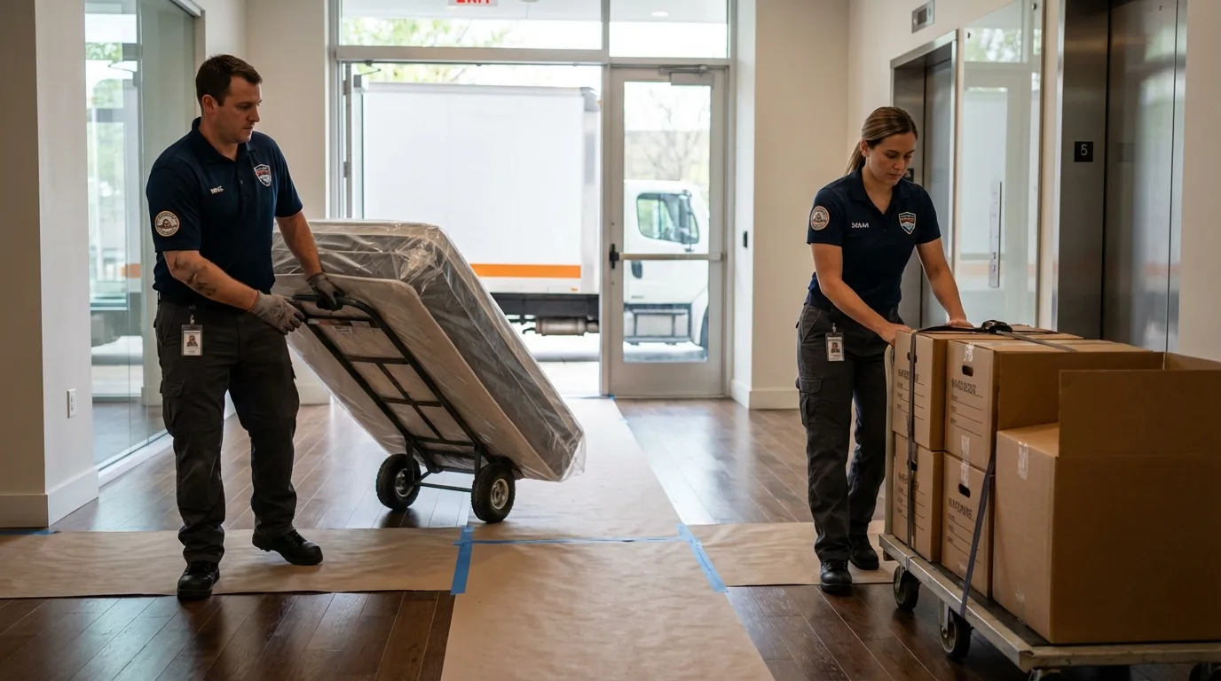 Professional apartment movers loading elevator in Horseshoe Bay, TX