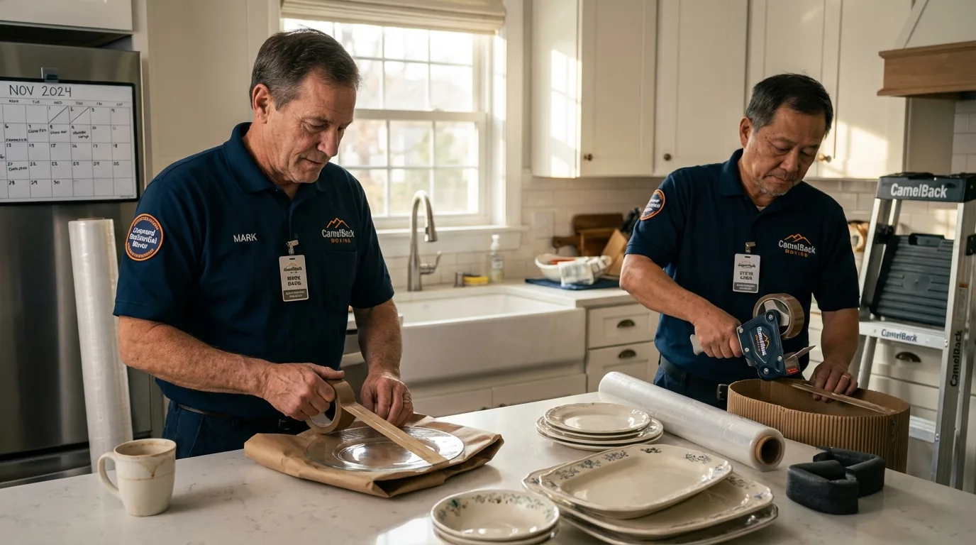 Professional crew packing kitchen dishware in Horseshoe Bay, TX